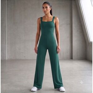 OQQ Womens Wide Leg Jumpsuit Green Ribbed Square Neck XL Sleeveless Athleisure